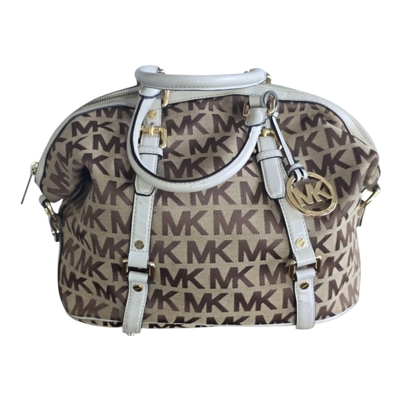 Michael Kors Handbag Bedford Women Medium Logo Jacquard Satchel Beige Vanilla - Picture 2 of 15